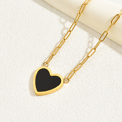 Natural Shell Heart Pendant Necklaces with Golden Stainless Steel Paperclip Chains EU3732-1-1