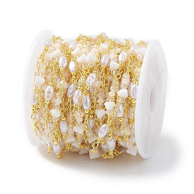 Brass Glass Bead Link Chains with ABS Imitation Pearl Beads CHS-P016-39G-04-1