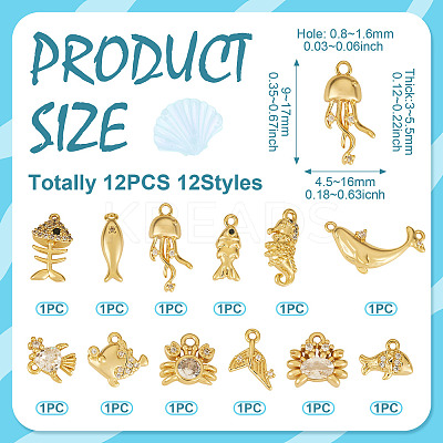 12Pcs 12 Styles Ocean Theme Brass Micro Pave Cubic Zirconia Pendants KK-TA0003-33-1