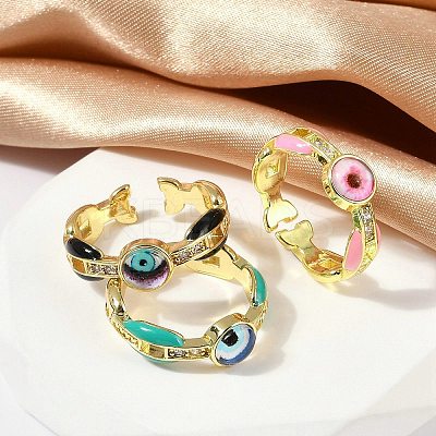 Brass Micro Pave Clear Cubic Zirconia Enamel Cuff Rings for Women RJEW-L113-023G-1