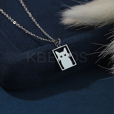 304 Stainless Steel Laser Cut Rectangle with Cat Shape Pendant Necklaces FS-WGDBF09-02-1