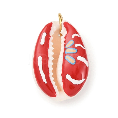 Printed Natural Cowrie Shell Pendants STAS-Z168-03G-05-1