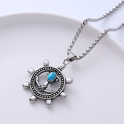 Stylish Stainless Steel Synthetic Turquoise Ship Wheel Pendant Punk Necklaces for Men's Fashion SI8136-1-1