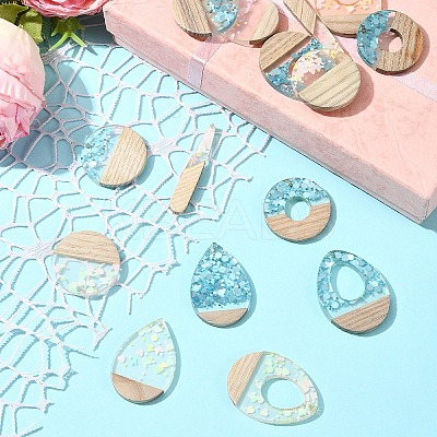16Pcs 8 Styles Transparent Resin & White Wood Pendants RESI-FS0001-82-1