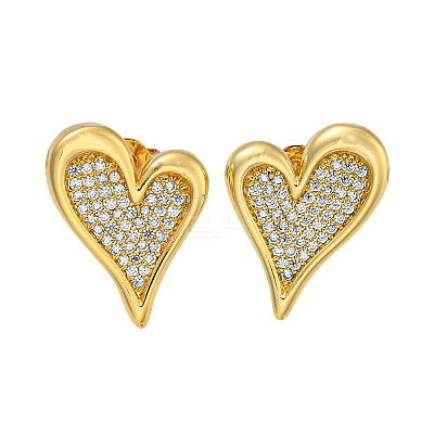 Heart Brass Pave Clear Cubic Zirconia Stud Earrings for Women EJEW-N054-42G-1