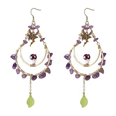 Natural Amethyst Chips Beaded Big Teardrop Dangle Earrings EJEW-SW00016-03-1