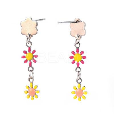 Enamel Flower Long Dangle Stud Earrings EJEW-N049-04C-1