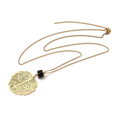 304 Stainless Steel with Disc Glass Leaf Pendant Necklaces NJEW-G184-02G-1