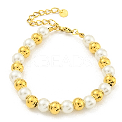 304 Stainless Steel & 201 Stainless Steel & Plastic Pearl Round Beaded Bracelets for Women BJEW-G717-01A-G-1
