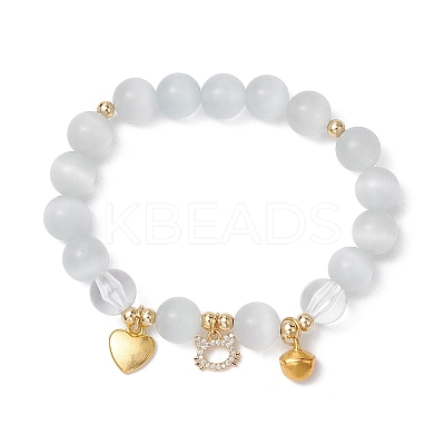 Cat & Bell & Heart Brass Charm Bracelets BJEW-JB10484-01-1