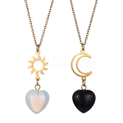 2Pcs 2 Style Opalite & Natural Obsidian Heart Pendant Necklaces Set NJEW-JN04484-1