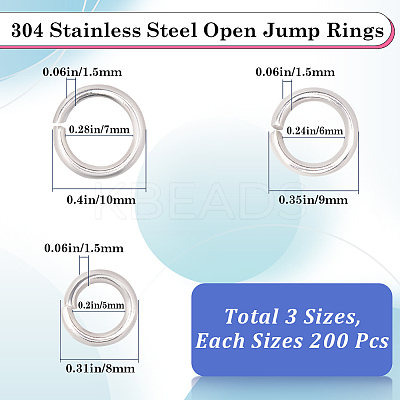 600Pcs 3 Styles 304 Stainless Steel Open Jump Rings STAS-SP0001-70-1
