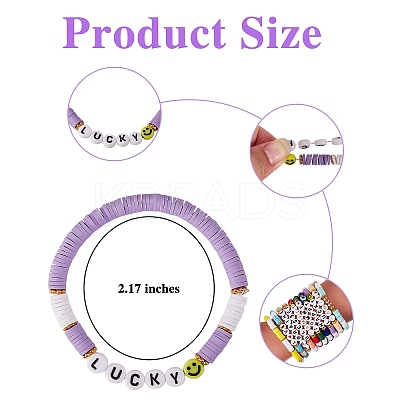 10Pcs 10 Style Encourage Word Polymer Clay Heishi Surfer Stretch Bracelets Set with Heart BJEW-SW00041-1