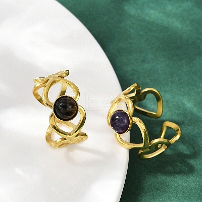 316 Stainless Steel with Natural Mixed Gemstone Cuff Rings RJEW-Z098-01G-01-1