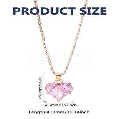 1Pc Hot Pink Heart Zinc Alloy Glass Pendant Box Chain Necklaces for Women NJEW-LP0004-20-1