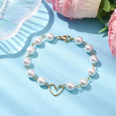 8mm Round Shell Pearl & Brass Heart Link Bracelets for Women BJEW-JB10424-1