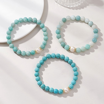 3Pcs Round Natural Amazonite & Synthetic Turquoise & Pearl Beaded Stackable Stretch Bracelets Sets BJEW-JB12991-1