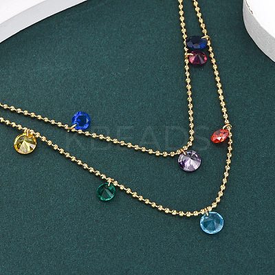 304 Stainless Steel Ball Chain Colorful Cubic Zirconia Flat Round Tassel Double Layer Necklaces for Women NJEW-A051-05G-1