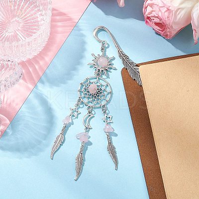 Alloy Sun & Woven Net/Web with Feather Charms Bookmarks AJEW-JK00368-03-1