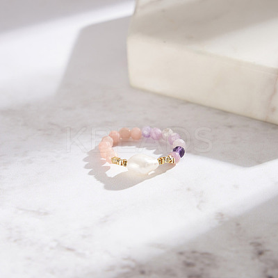 Natural Pink Opal & Lilac Jade Beaded Finger Rings RJEW-G331-01G-1