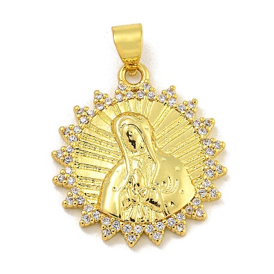 Virgin Mary Theme Rack Plating Brass Micro Pave Cubic Zirconia Pendants KK-C074-23G-03-1