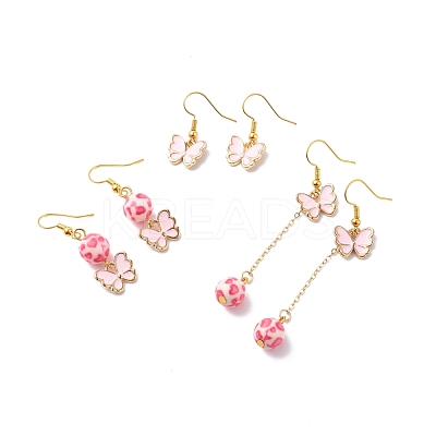 3 Pairs 3 Style Pink Alloy Enamel Charms & Resin Beads Dangle Earrings EJEW-JE05030-01-1