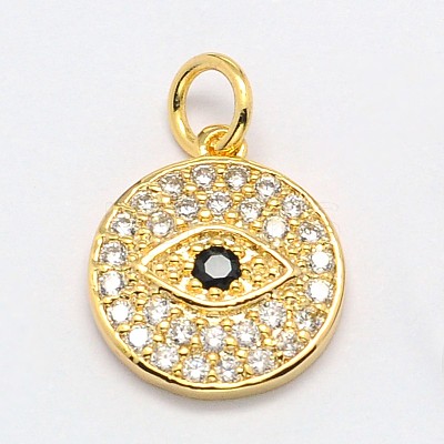Flat Round with Evil Eye Brass Micro Pave Cubic Zirconia Charms ZIRC-F017-07G-1
