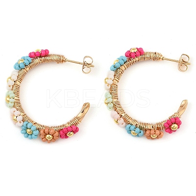 304 Stainless Steel & Bohemian Beaded C-Shaped with Flower Stud Earrings for Women EJEW-R001-03G-01-1