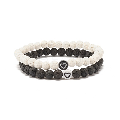 2Pcs 2 Style Natural Lava Rock(Dyed) Round Beaded Stretch Bracelets Set with Heart BJEW-JB07579-1