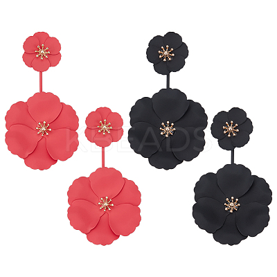 2 Pairs 2 Colors Alloy Double Flower Dangle Stud Earrings EJEW-AN0001-31-1