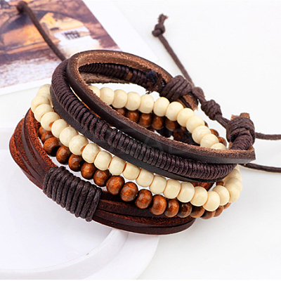 Adjustable Braided Leather Cord Wooden Beaded Multi-strand Bracelets BJEW-P0001-15-1
