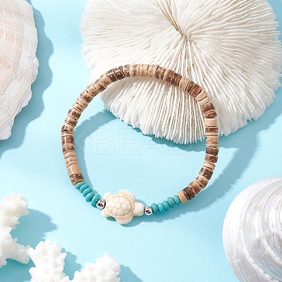 2Pcs Starfish & Tortoise Natural Coconut with Synthetic Turquoise Beads Stretch Bracelets for Men Women BJEW-JB11743-1