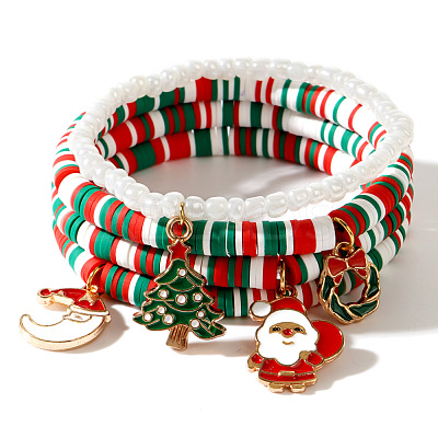 Christmas 304 Stainless Steel Enamel Christmas Tree & Santa Claus & Moon Charm Bracelets LQ5841-3-1