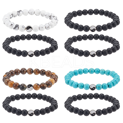 4 Sets 4 Style Natural & Synthetic Mixed Gemstone & Glass Round Beaded Stretch Bracelets Set BJEW-AN0001-50-1