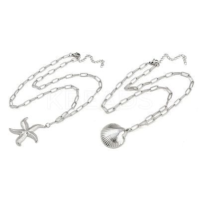 Bohemian Styles 304 Stainless Steel Starfish and Shell Shape Pendant Double Layer Necklaces for Women LS-NJEW-F343-01P-1