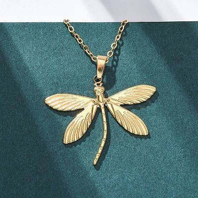 Dragonfly 304 Stainless Steel Pendant Necklaces NJEW-H059-05G-1