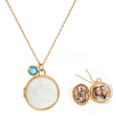 Stainless Steel Pave Natural White Shell Flat Round Magnetic Locket Pendant Necklaces for Women NJEW-NB00012-1