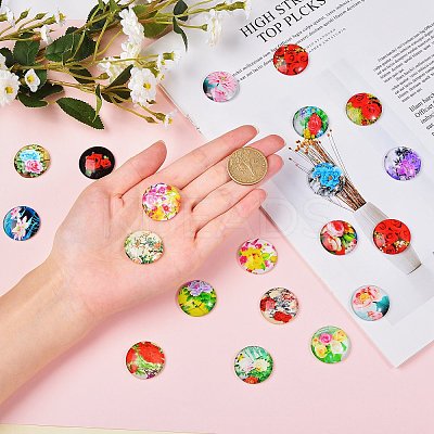 Flower Printed Glass Cabochons GGLA-SZ0001-15-1