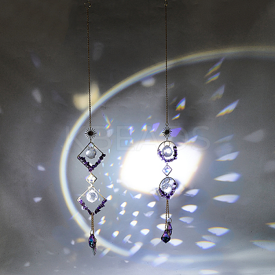 2Pcs 2 Style Teardrop K9 Glass & Natural Amethyst Chip Pendant Decorations HJEW-GO0001-04-1