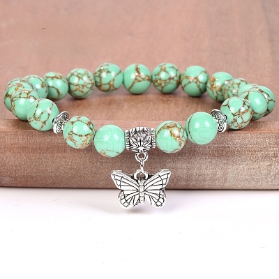 8MM Round Dyed Synthetic Turquoise Beaded Stretch Bracelets with Alloy Butterfly Charms FQ7211-15-1