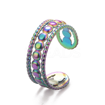 Ion Plating(IP) Rainbow Color  304 Stainless Steel Triple Line Open Cuff Ring for Women RJEW-C025-07M-1
