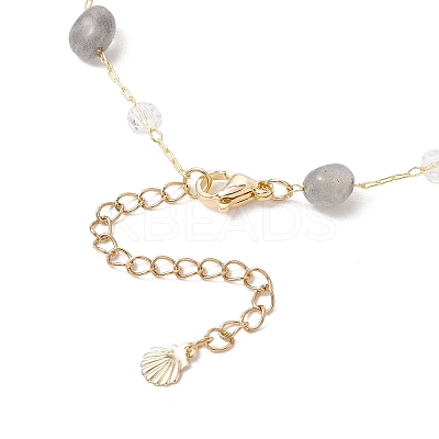 Brass Handmade Natural Labradorite Nuggets Link Chain Alloy Enamel Whale Tail Pendant Anklets for Women AJEW-AN00709-02-1