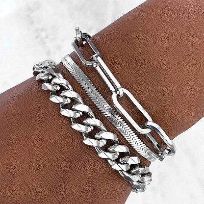3Pcs 3 Styles 304 Stainless Steel Chain Bracelet Set BJEW-F505-01P-1