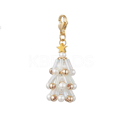 Christmas Tree Glass & Shell Pearl Pendant Decorations HJEW-TA00182-02-1