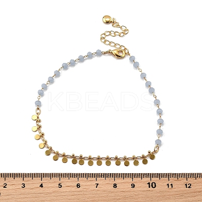 Bohemian Natural Dyed Stone Imitation Aquamarine Faceted Round & Brass Disc Tassel Anklets LS-AJEW-Z046-07G-1