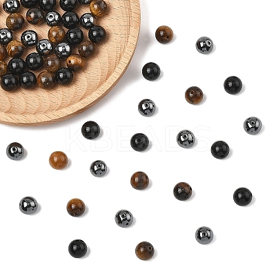 60Pcs 3 Styles Natural Tiger Eye & Obsidian & Synthetic Non-Magnetic Hematite Round Beads G-YW0002-73-1