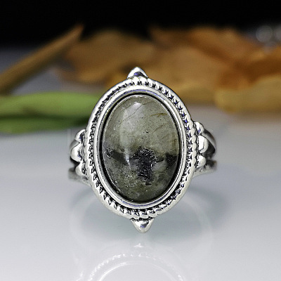 Oval Zinc Alloy Natural Labradorite Finger Rings WG970F5-03-1