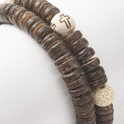 2Pcs 2 Style Cross Natural Wood & Coconut Beaded Stretch Bracelets Set for Women BJEW-JB09317-1