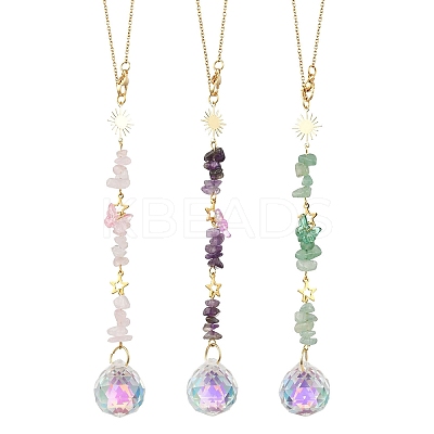 3Pcs Round Glass & Natural Amethyst & Rose Quartz & Green Aventurine Chips Hanging Suncatchers HJEW-JM04209-1