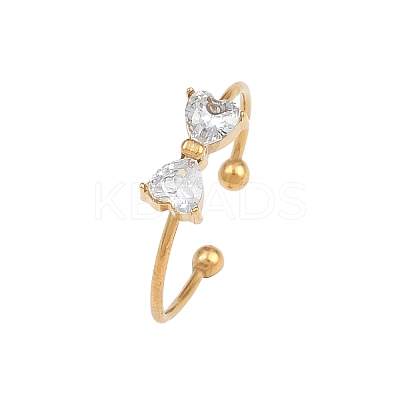 Bowknot 304 Stainless Steel with Clear Cubic Zirconia Cuff Rings for Women RJEW-G362-01G-1